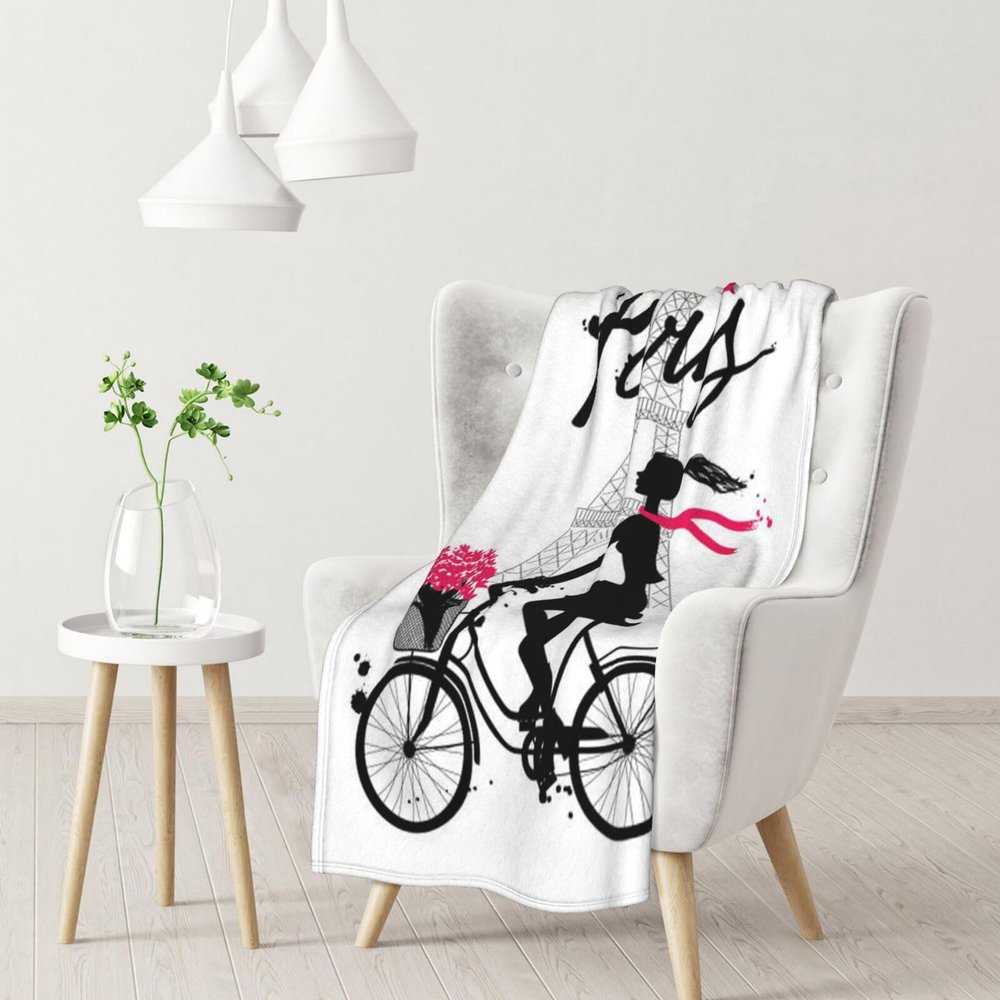 ASEELO 102 x 76 cm Paris Eiffel Tower Girl Bicycle Fleece Blanket for Bed, Couch and Travel