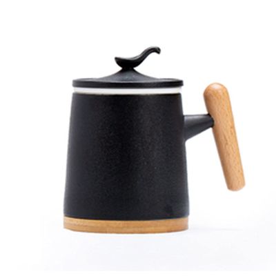UYUME 13.5 oz Ceramic Tea Infuser Mug with Wooden Handle, Black/Red/White (Color: Red / Black)