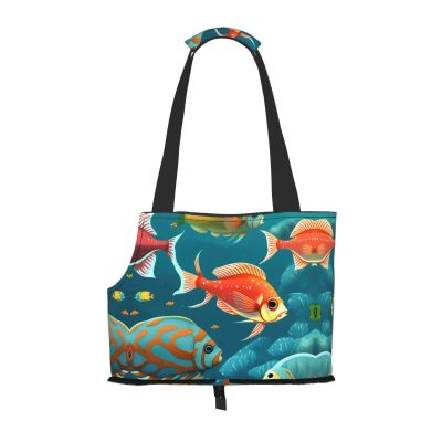 Ocean Underwater Fish Print Pet Portable Shoulder Bag, Foldable Pet Bag 13.4 x 6.1 x 10.2 Inches for Subway, Shopping, and Hiking