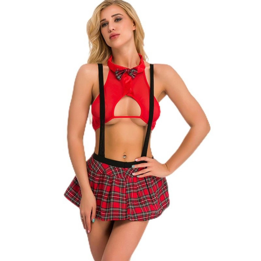 WSZJLN Lace Sexy Student Costume Lingerie Cosplay Plaid Uniform, Red, XL