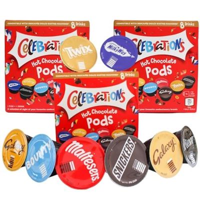 Caffluxe Celebrations Hot Chocolate Dolce Gusto-Compatible Capsules – Twix, Mars, Bounty, Snickers, Galaxy, Maltesers, Milky Way & Galaxy Caramel (3 Boxes, 24 Pods)