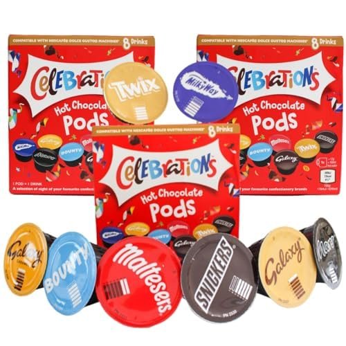 Caffluxe Celebrations Hot Chocolate Dolce Gusto-Compatible Capsules – Twix, Mars, Bounty, Snickers, Galaxy, Maltesers, Milky Way & Galaxy Caramel (3 Boxes, 24 Pods)