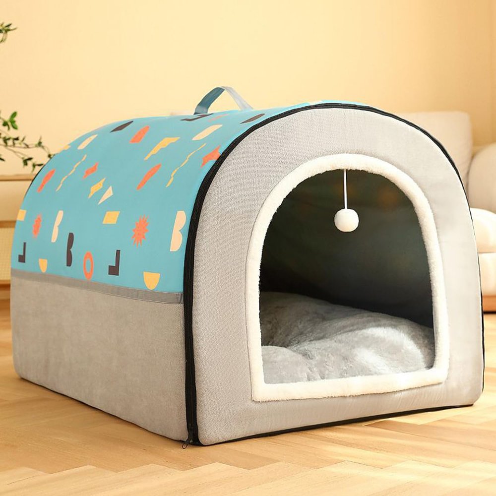 Durable Cat & Dog House, Portable 2-in-1 Bed, Zippered Cat Cave, Washable Pet Bed with Cushion, Blue, 50 x 39 cm