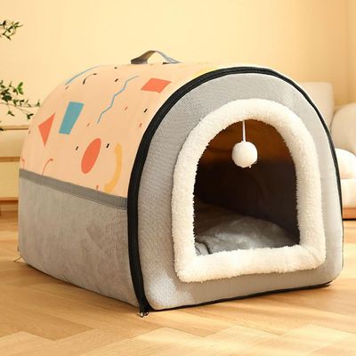 Durable Cat & Dog House, Portable 2-in-1 Bed, Zippered Pet Cave (Beige)