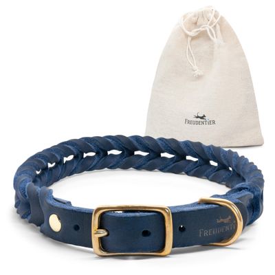 FREUDENTIER Braided Leather Dog Collar - Handmade in Holland - AlsterTwist Collection from 100% Fat Leather (35cm 41cm Neck Size, Royal Blue)