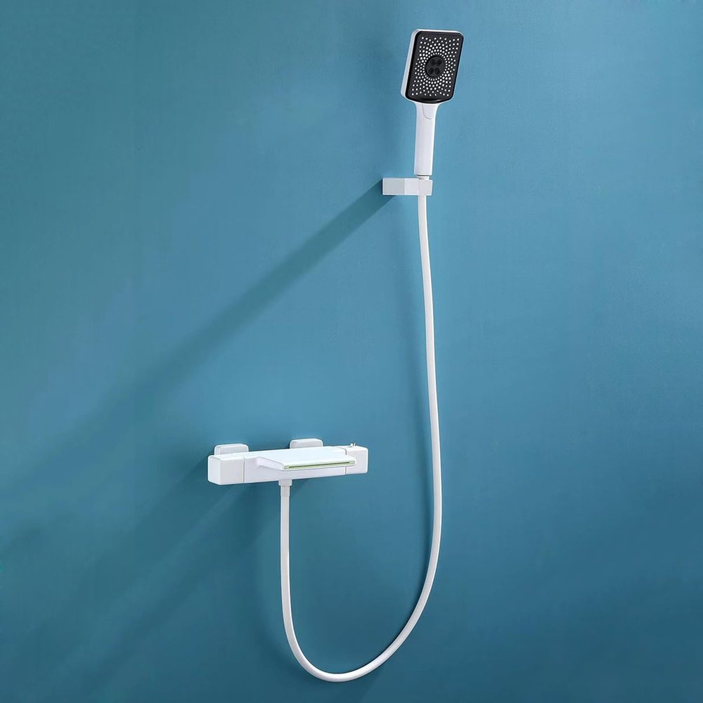 Wall-Mounted Bathtub Faucet with Thermostatic Mixer, Waterfall Spout, and Showerhead