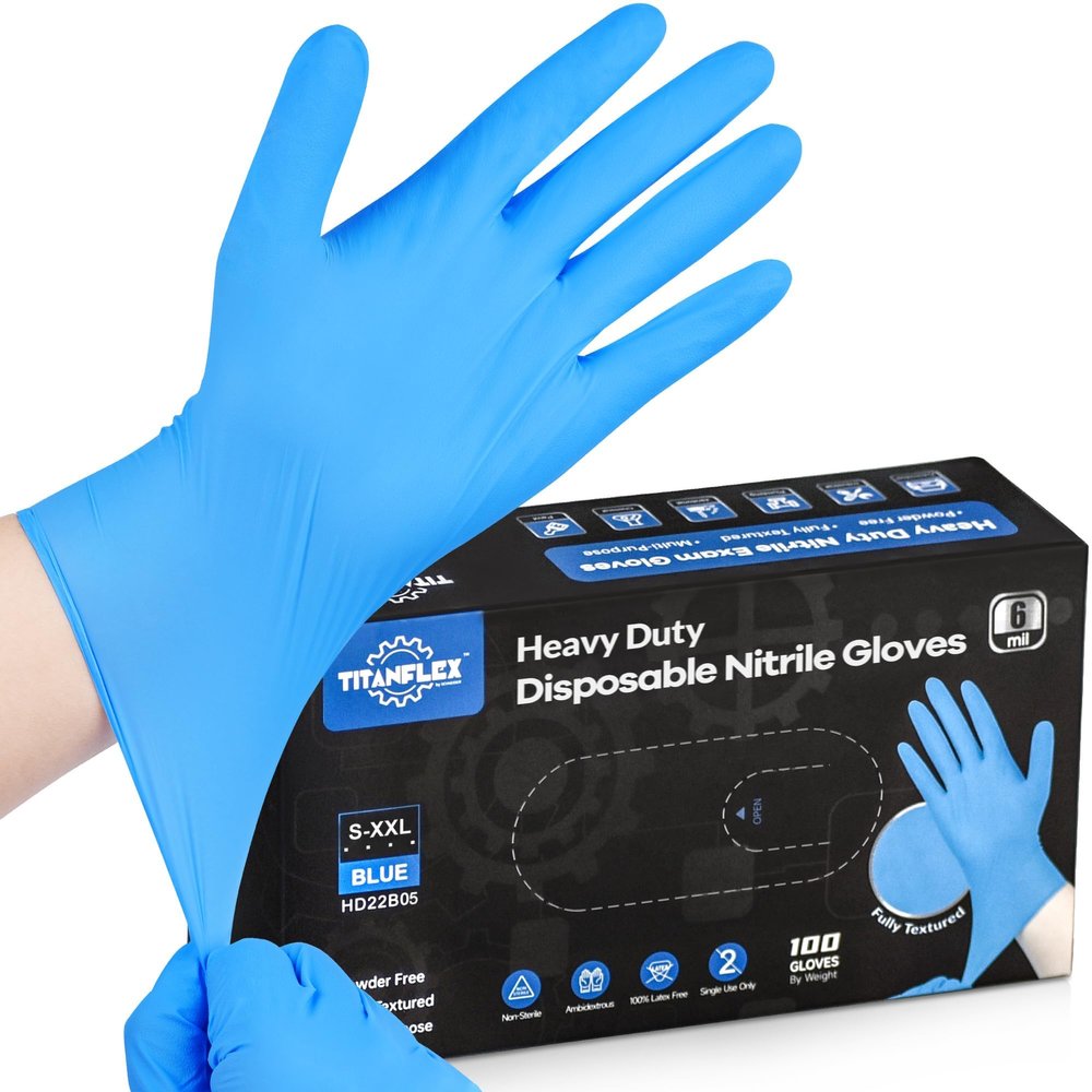 TITANflex Disposable Nitrile Gloves, Heavy-Duty, Blue, Size L, Box of 100, 6 mil, Fully Textured, Powder-Free, Latex-Free
