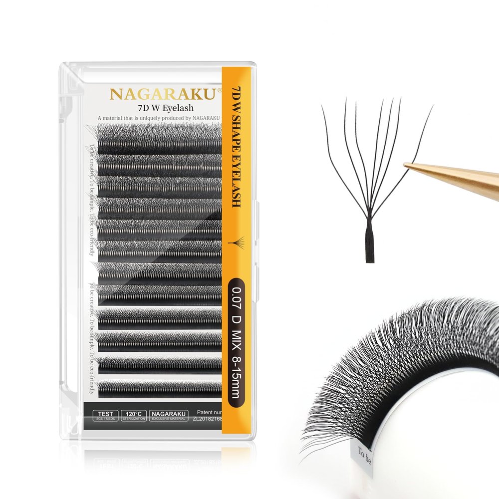 NAGARAKU 7D W Lashes, 0.07 D, 8–15 mm, Russian Premade Fans, Matte Black