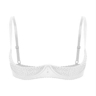 MSemis Women's Ouvert Underwire Bra, Sexy Open-Bust Half-Cup Push-Up Bustier, Backless Rhinestone Lingerie, White, XXL
