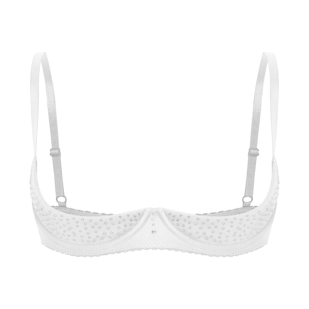 MSemis Women's Ouvert Underwire Bra, Sexy Open-Bust Half-Cup Push-Up Bustier, Backless Rhinestone Lingerie, White, XXL