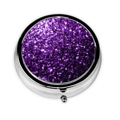 Round Glitter Pill Case, Portable and Compact, Ideal for Travel, Purple