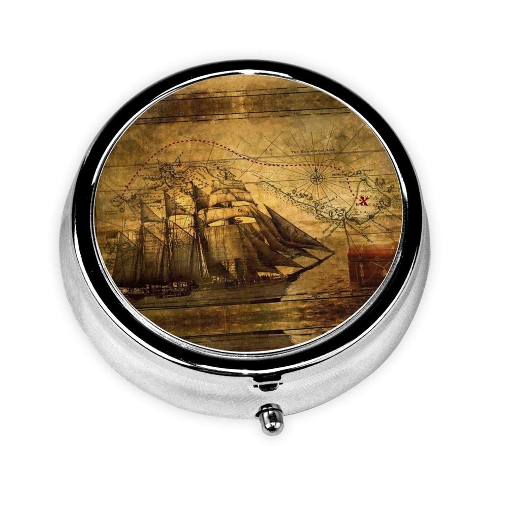 Printed Sailboat Pirate Pill Case, Round, Portable and Compact, Ideal for Travel