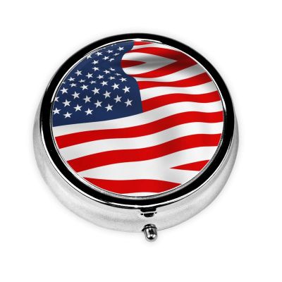 Patriotic American Flag Pill Box, Round, Portable and Compact, Ideal for Travel