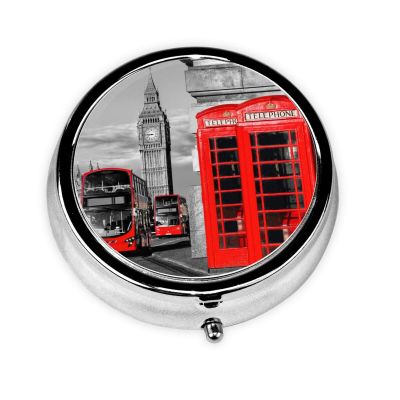 Round Compact Portable Pill Organizer with London Phone Booth Print