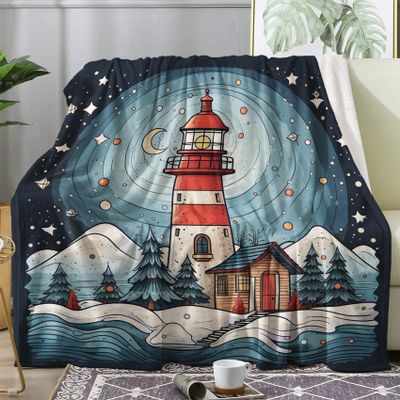 Lighthouse Moon & Stars Plush Flannel Fleece Blanket, 150 x 200 cm
