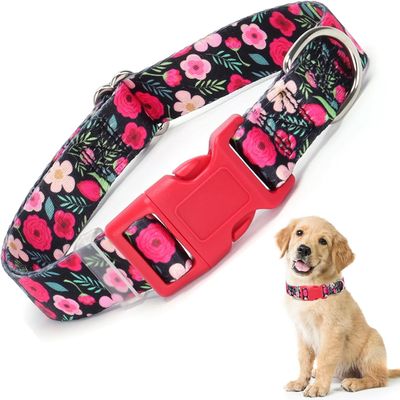 Dog Collar for Small Dogs, Plastic Quick-Release Buckle, Floral Pattern, XS–XL, Ostrich, XL