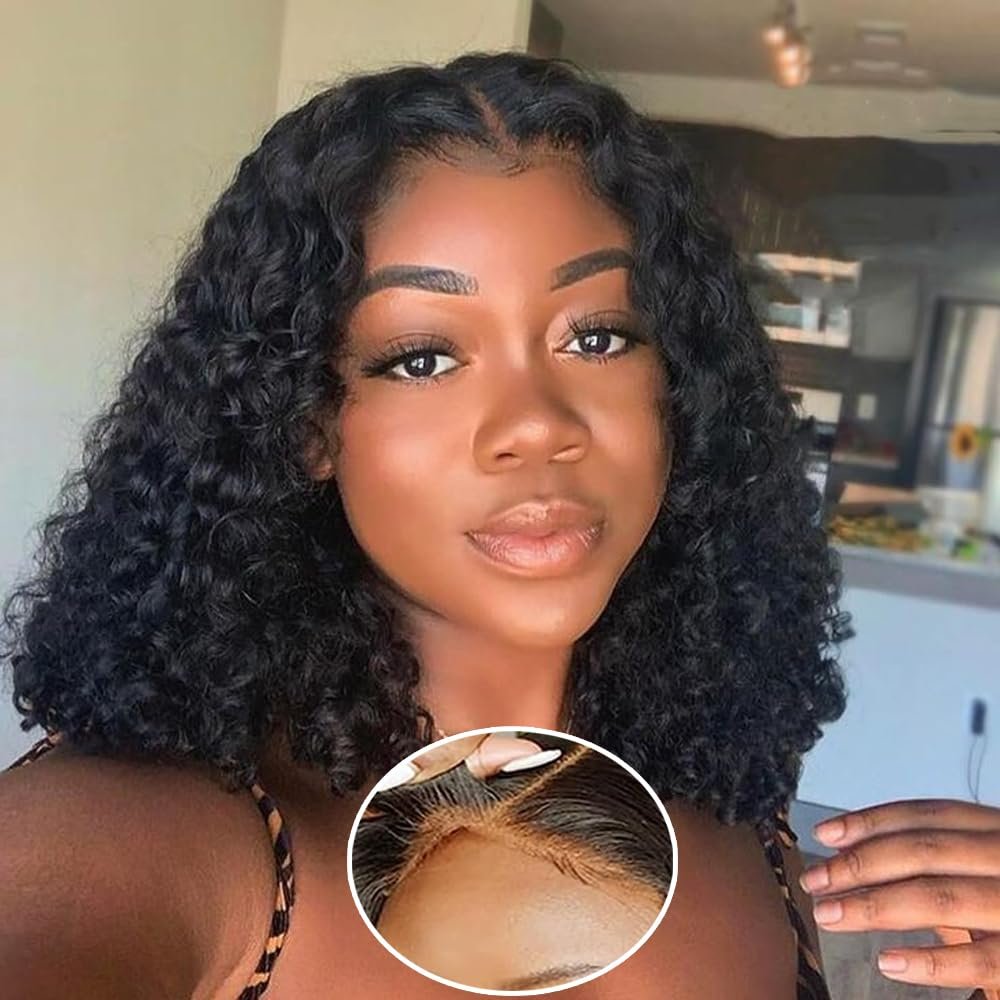 4x4 Lace Human Hair Bob Wig, Deep Curly, Glueless, Natural Black, 10 Inch