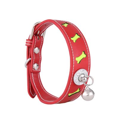 Adjustable Red PU Leather Pet Collar with Bell