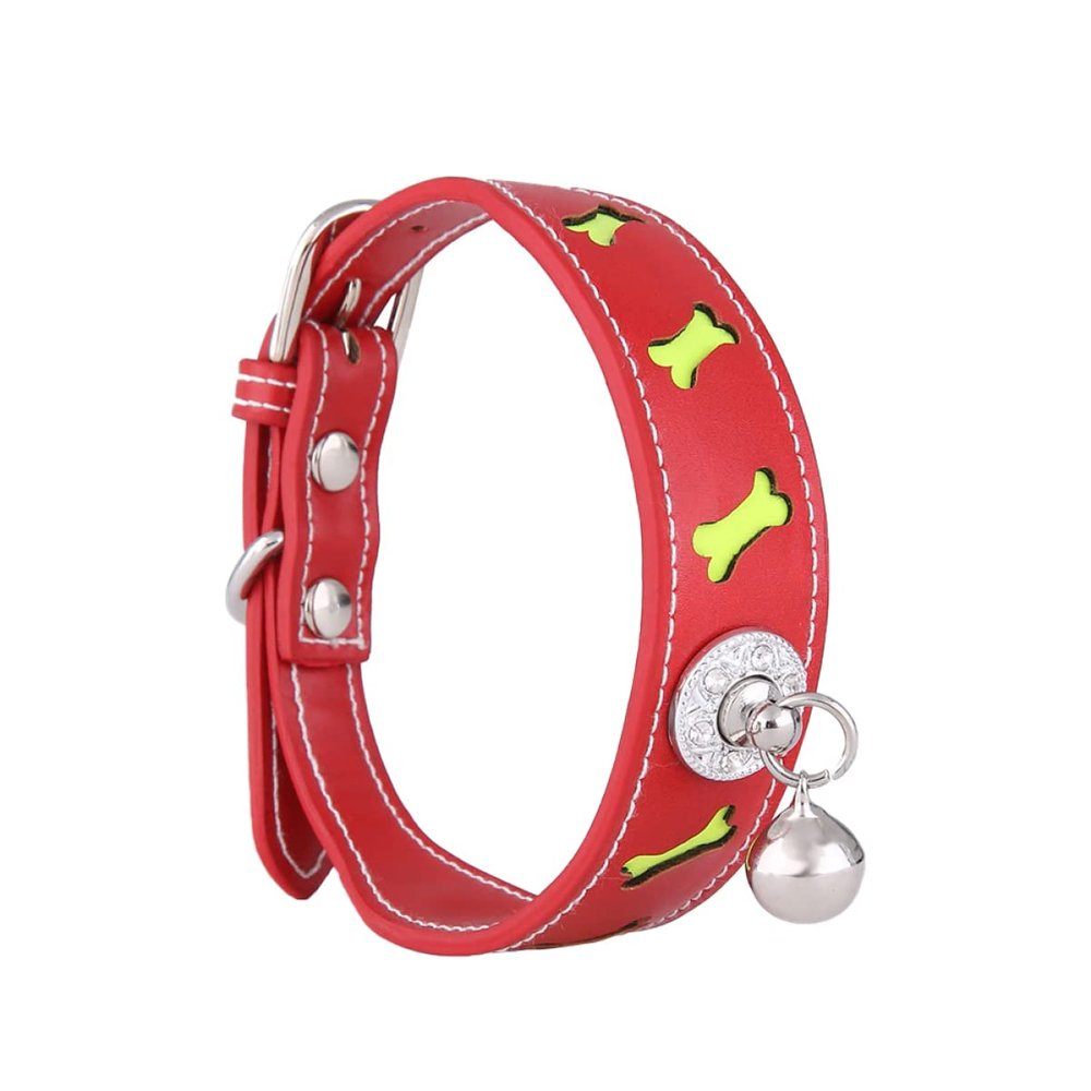Adjustable Red PU Leather Pet Collar with Bell