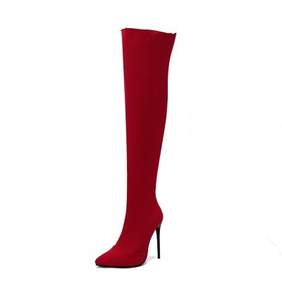 WOkismD 12 cm/4.72 in Pointed-Toe Over-the-Knee Stiletto Boots, Red, EU 47