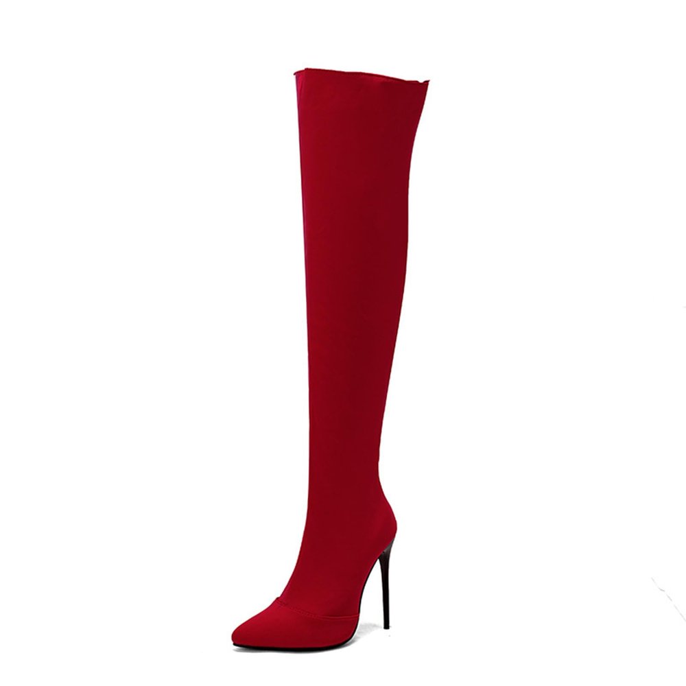 WOkismD 12 cm/4.72 in Pointed-Toe Over-the-Knee Stiletto Boots, Red, EU 47
