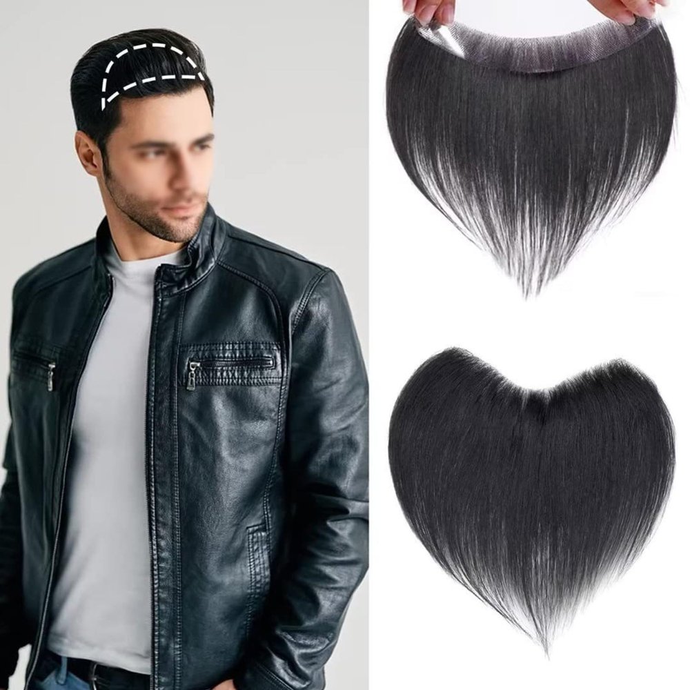 Men’s Human Hair PU Frontal Hairpiece for Receding V-Shaped Hairlines, Black, 1.57 × 6.3 in