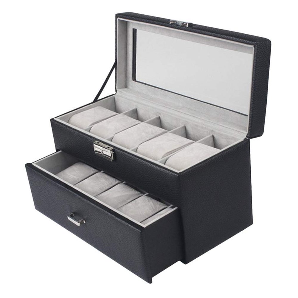 2-Tier Watch Box Organizer for 20 Men’s Wristwatches, PU Leather Storage Case with Glass Top, Large Holder Gift