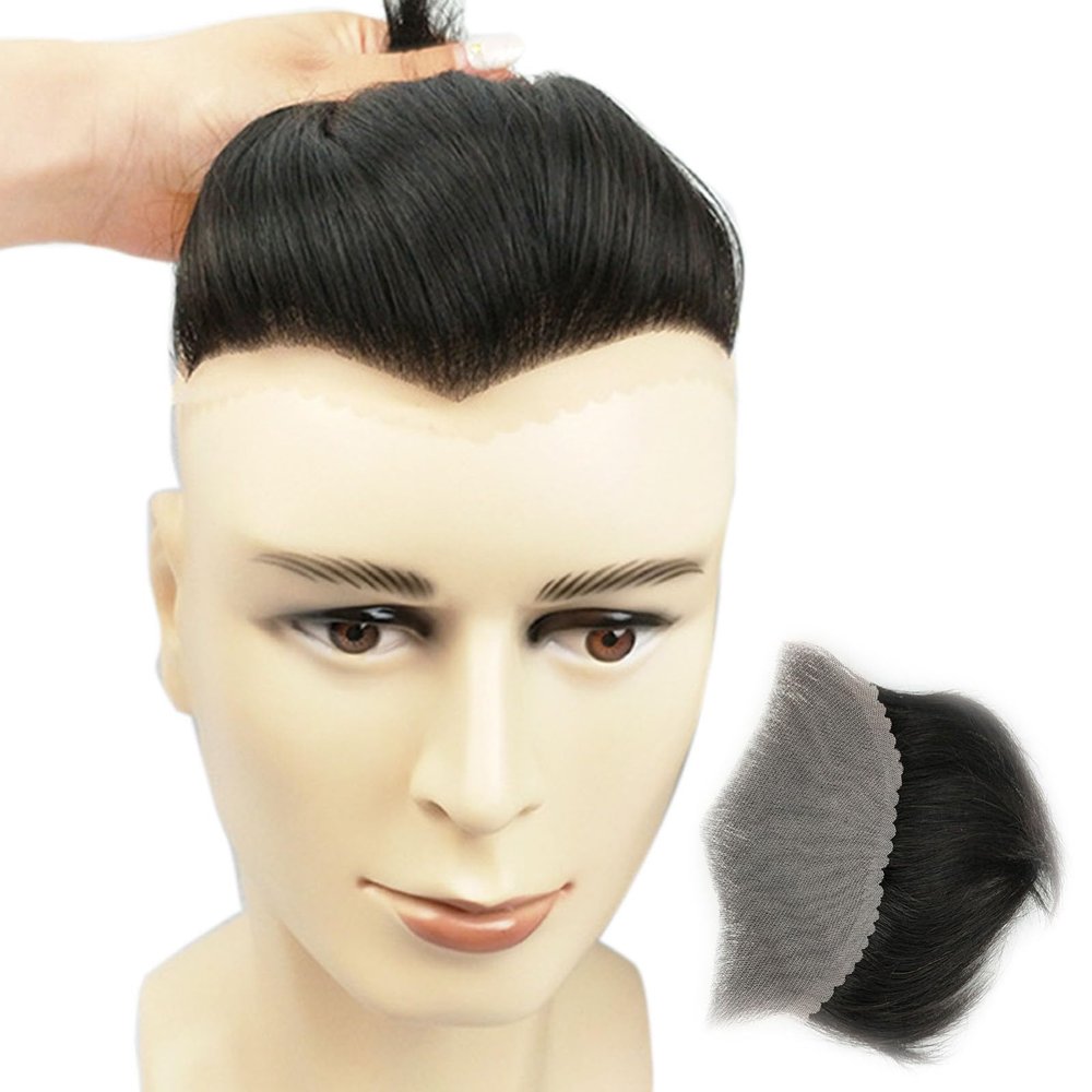 Men’s Front Hairpiece, 5.9 × 2.75 in, Natural Hairline Replacement, W-Shaped Tip, Thin Skin Base, Black