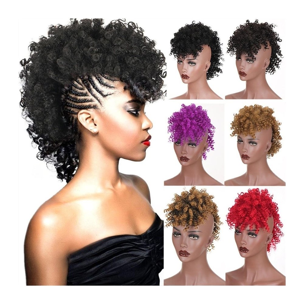 Puff Afro Curly Bun Hairpiece with Bangs, Clip-In Ponytail Extension for Women