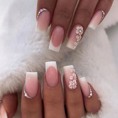 Ceboic 24-Piece Medium Square Press-On Nails, Pink and White French Floral Design with Rhinestones