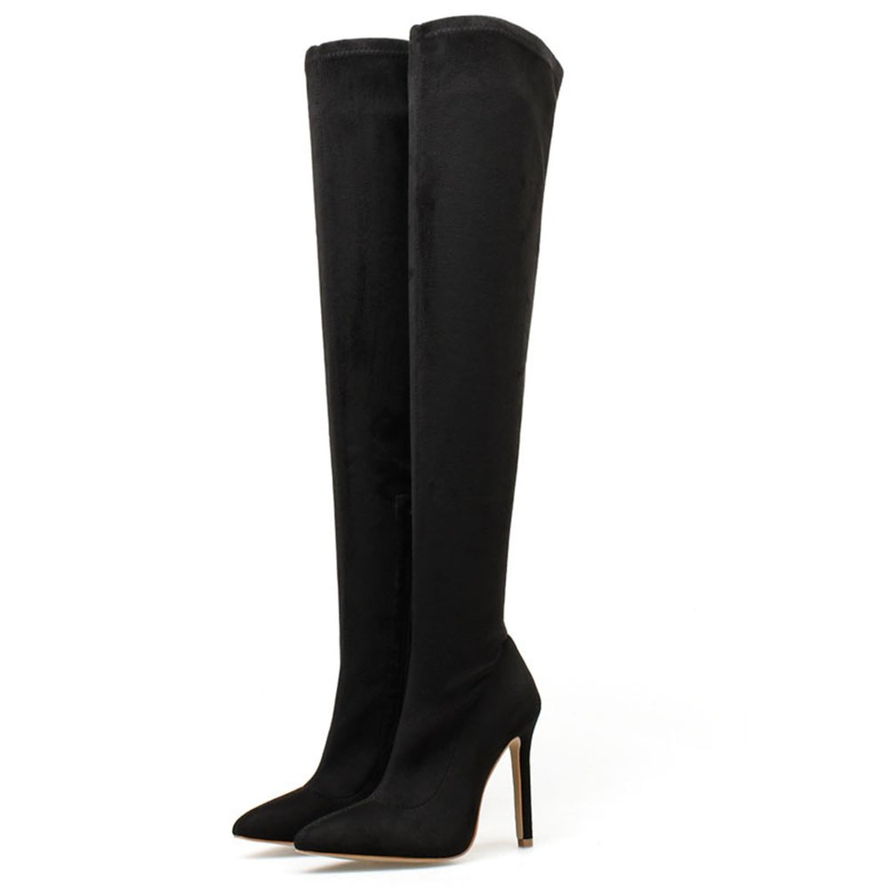 11 cm/4.33 in Suede Stiletto Women's Stretch Knee-High Boots, Black, EU 42