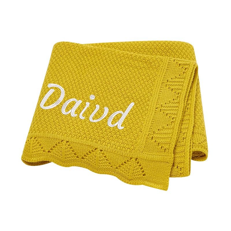 Embroidered Personalized Baby Blanket, Soft Knitted Cotton, Yellow