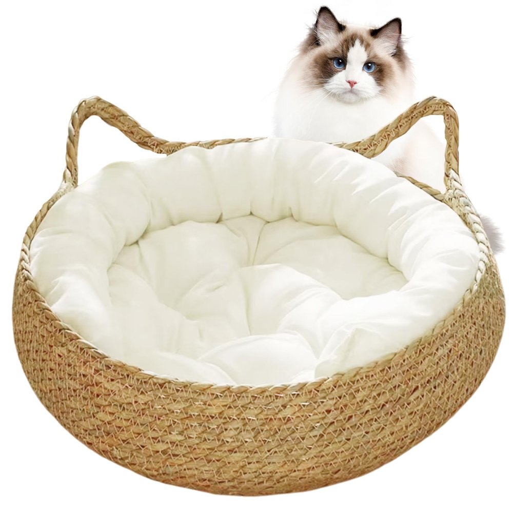 Obelunrp Round Cat Basket Bed, 15-Inch, with Soft Cushion