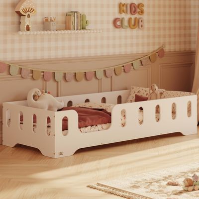 smartwood Floor Bed 100 x 190 cm with Fall-Out Guard, Wood, White, TILA 2L