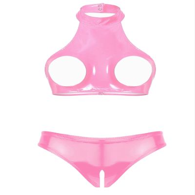 MSemis Women's Wetlook Patent Leather Lingerie Set, Open-Bust Bra and Open-Crotch G-String, Pink 3XL