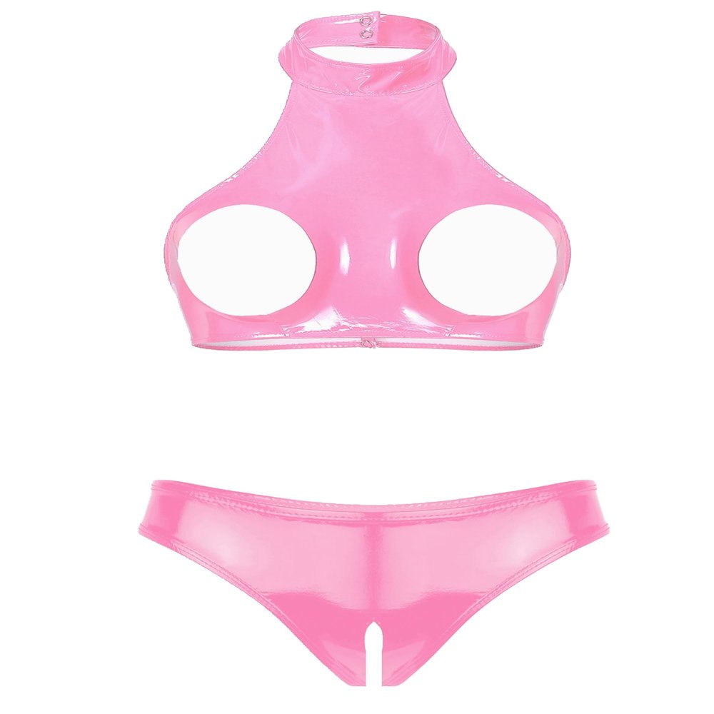 MSemis Women's Wetlook Patent Leather Lingerie Set, Open-Bust Bra and Open-Crotch G-String, Pink 3XL