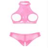 MSemis Women's Wetlook Patent Leather Lingerie Set, Open-Bust Bra and Open-Crotch G-String, Pink 3XL view 1