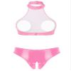 MSemis Women's Wetlook Patent Leather Lingerie Set, Open-Bust Bra and Open-Crotch G-String, Pink 3XL view 2