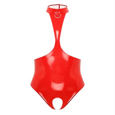 FEESHOW Women's Open-Bust Glossy Patent Leather Catsuit, Red, M