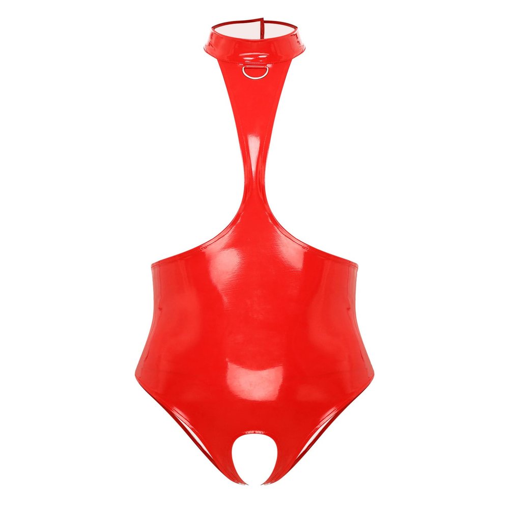 FEESHOW Women's Open-Bust Glossy Patent Leather Catsuit, Red, M
