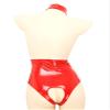 FEESHOW Women's Open-Bust Glossy Patent Leather Catsuit, Red, M view 2