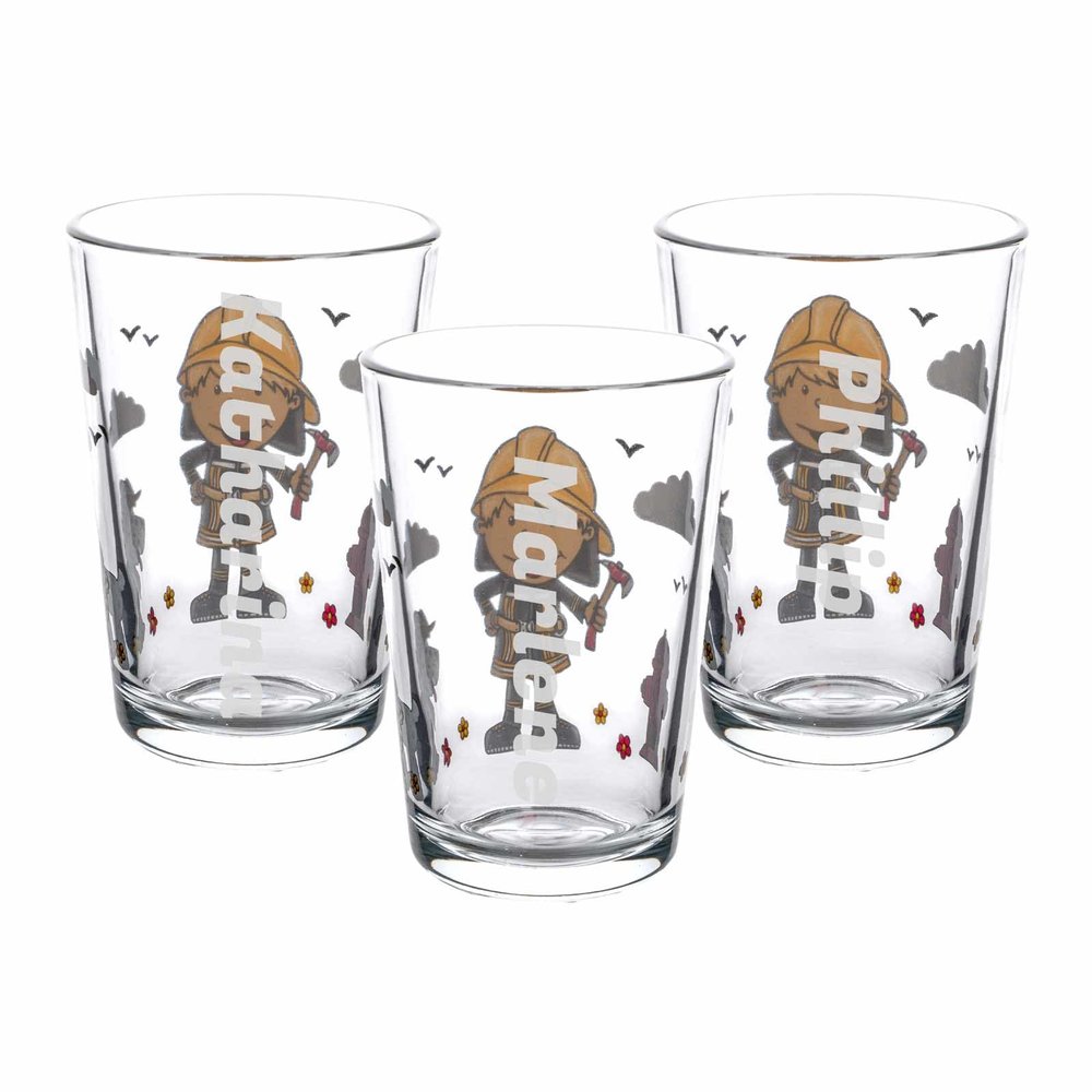 LUXENTU Children's Drinking Glasses with Engraving, Firefighter Bernie, 205 ml, Set of 3