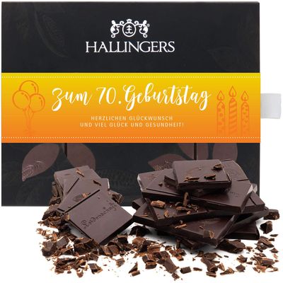 Hallingers Vegan 85% Dark Chocolate Birthday Gift, “70th Birthday”