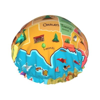 Cartoon American Map Printed Waterproof Double-Layer Shower Cap