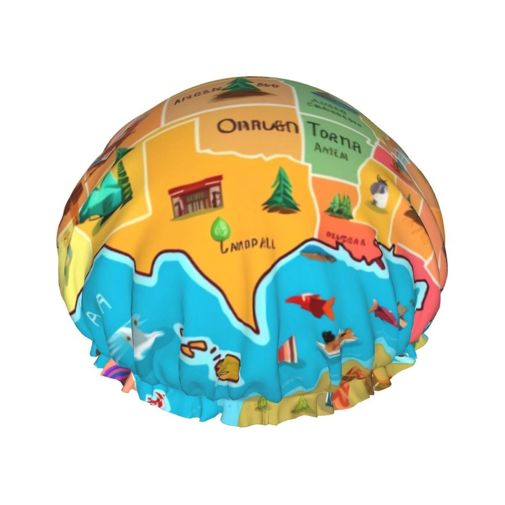 Cartoon American Map Printed Waterproof Double-Layer Shower Cap
