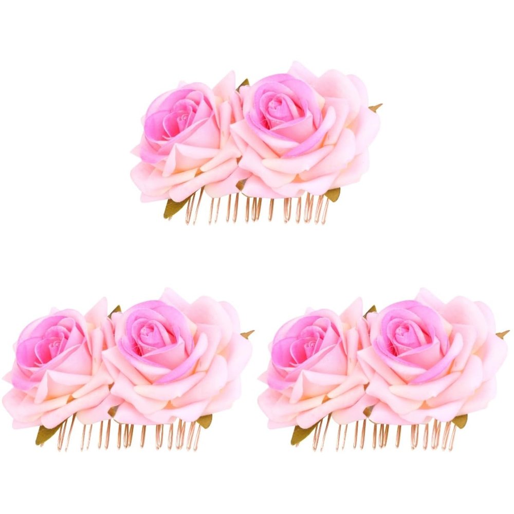 minkissy 3-Piece Double-Flower Hair Comb Set, Pink