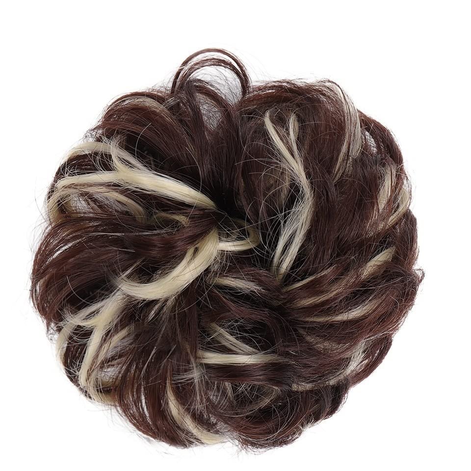 Donut Bun Hairpiece for Women and Girls, Curly Wavy Synthetic Chignon with Elastic Band, Messy Bun Extension (Color: 6AH613)
