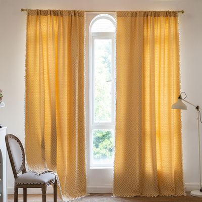 XCLOOZGL Boho Geometric Half-Sheer Curtain with Tassels, Yellow, 52W x 18L