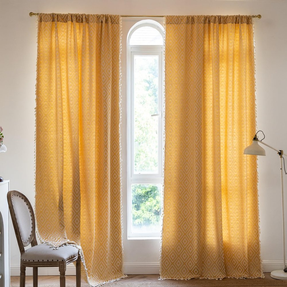 XCLOOZGL Boho Geometric Half-Sheer Curtain with Tassels, Yellow, 52W x 18L