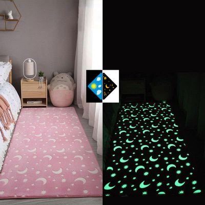 Glow-in-the-Dark Nightstand Rug for Kids' Room, Pink Stars and Moon, 80 x 180 cm